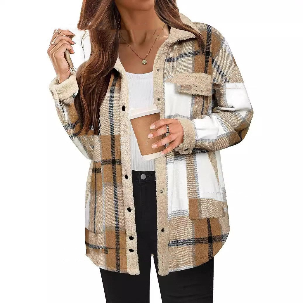 Contrast Color Plaid Jacket Casual Polo Collar Velvet Coat