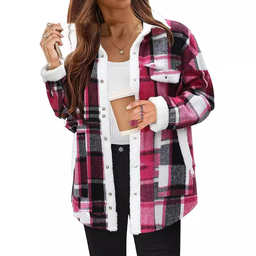 Contrast Color Plaid Jacket Casual Polo Collar Velvet Coat