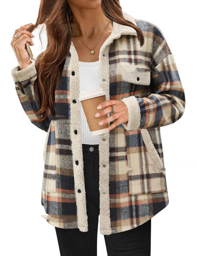 Contrast Color Plaid Jacket Casual Polo Collar Velvet Coat