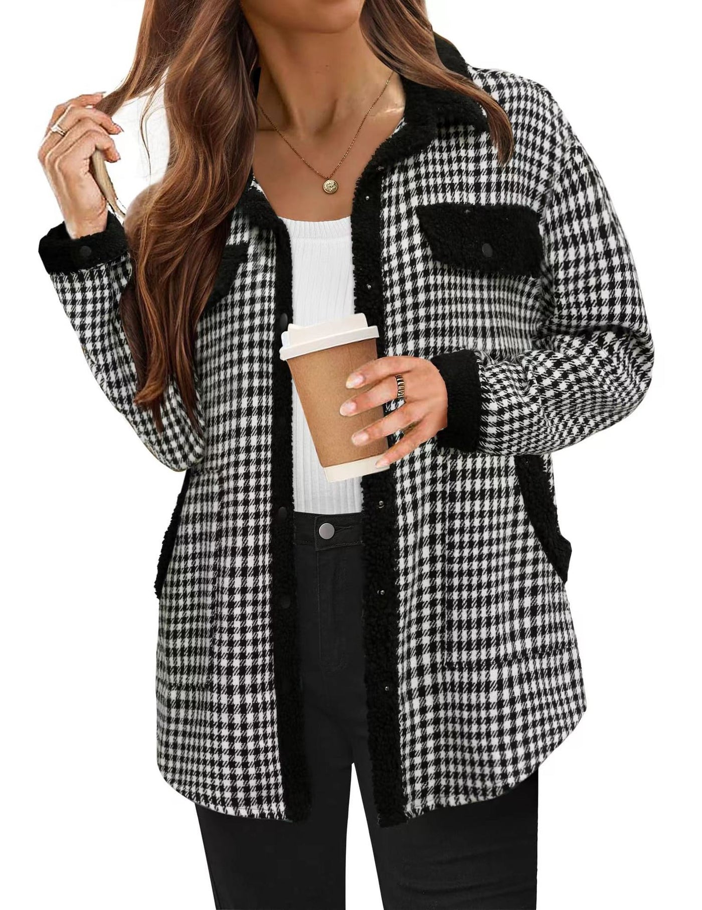 Contrast Color Plaid Jacket Casual Polo Collar Velvet Coat