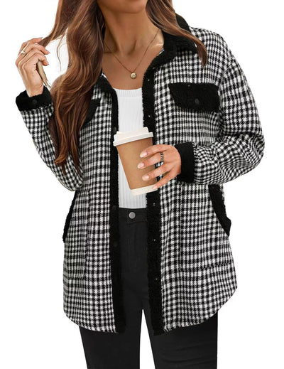 Contrast Color Plaid Jacket Casual Polo Collar Velvet Coat
